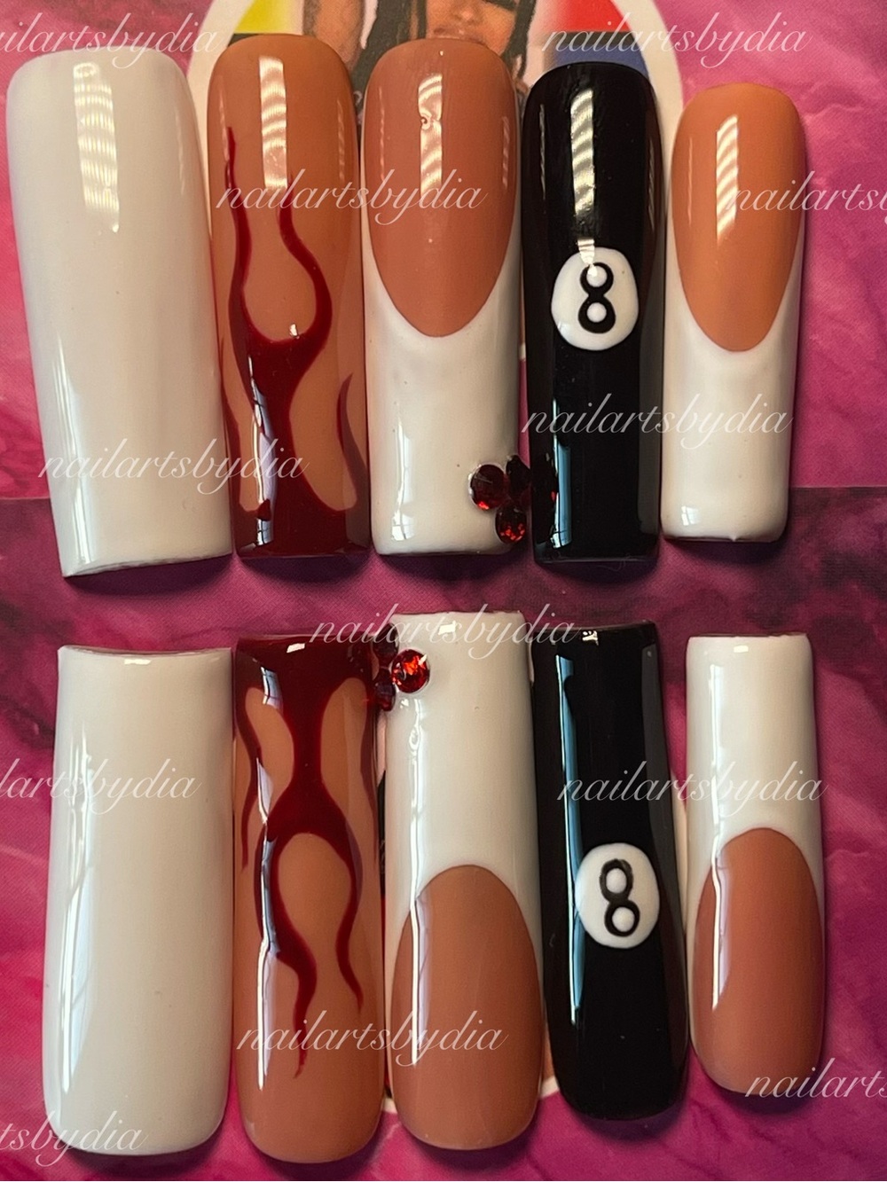 Nude & Black Nail Art Set with Red Flame Accent